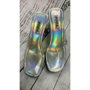 Soda Women's Holographic Clear Block Heel Sandals Mules Square Toe Sparkle Heart